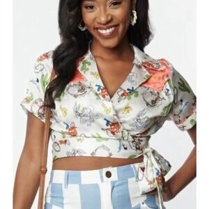 Unique Vintage x Looney Tunes All Star Characters Wrap Top Blouse S NWOT